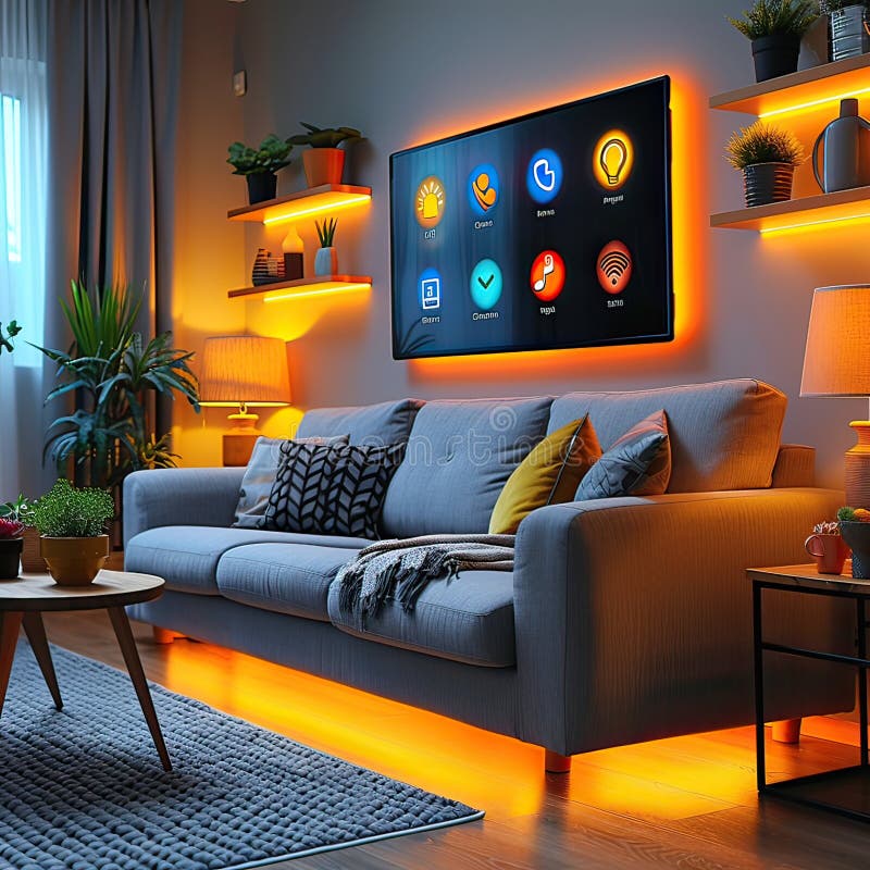 The living room features a couch and a flat screen TV mounted on the wall royalty free stock photography