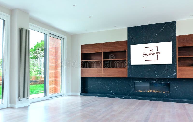 Living Room with Fireplace and Customizable TV Screen Stock Image