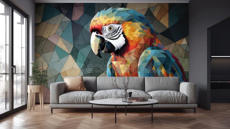 Living Living Room with Full Wall Geometric Parrot Interior Design. Generative AI Stock ...