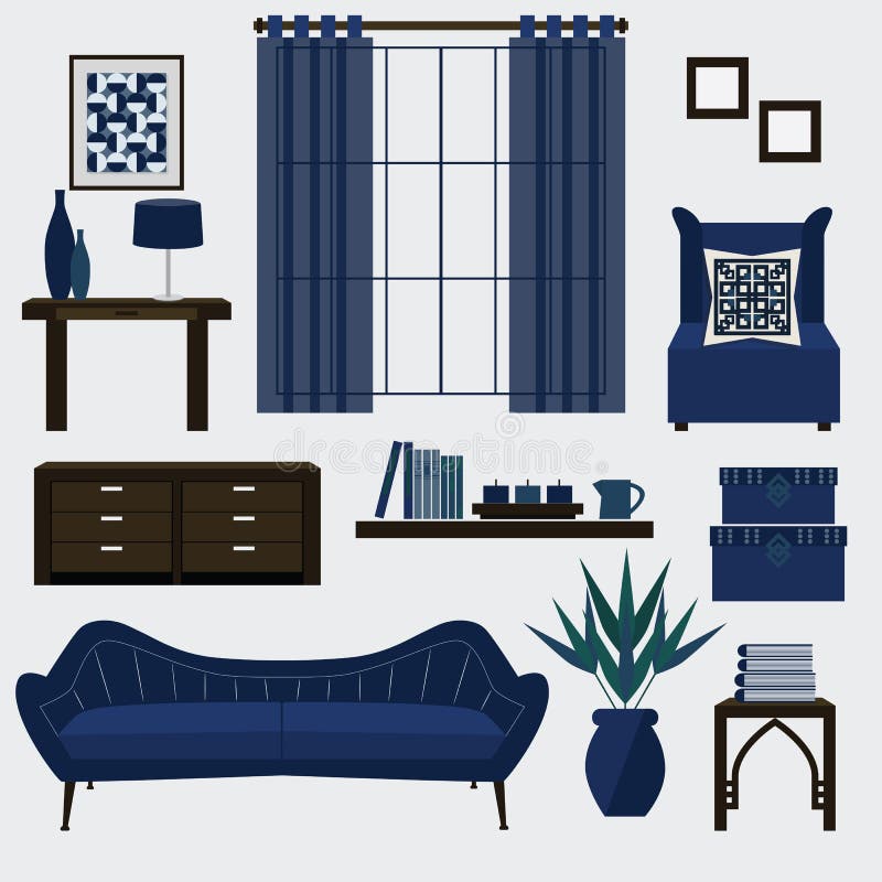 Living Room Furniture And Accessories In Color Navy Blue Stock Vector