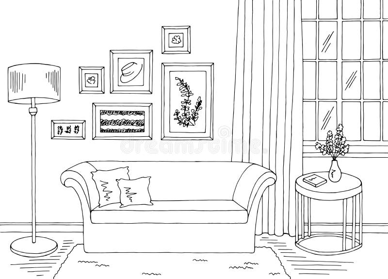 Living Room Graphic Black White Home Interior Sketch Illustration ...