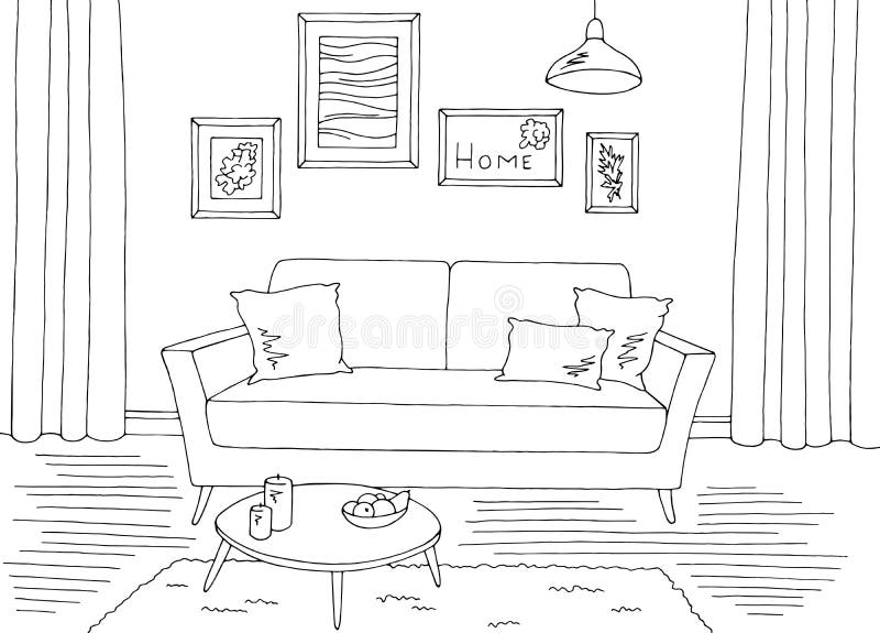 Bedroom Graphic Black White Home Interior Sketch Illustration Vector ...