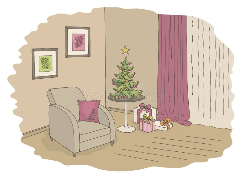 Living Room Graphic Christmas Tree Color Interior Sketch Illustration