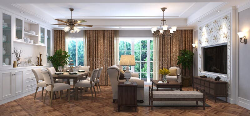 Interior Living Room In A Classic Style 3d Illustration Stock