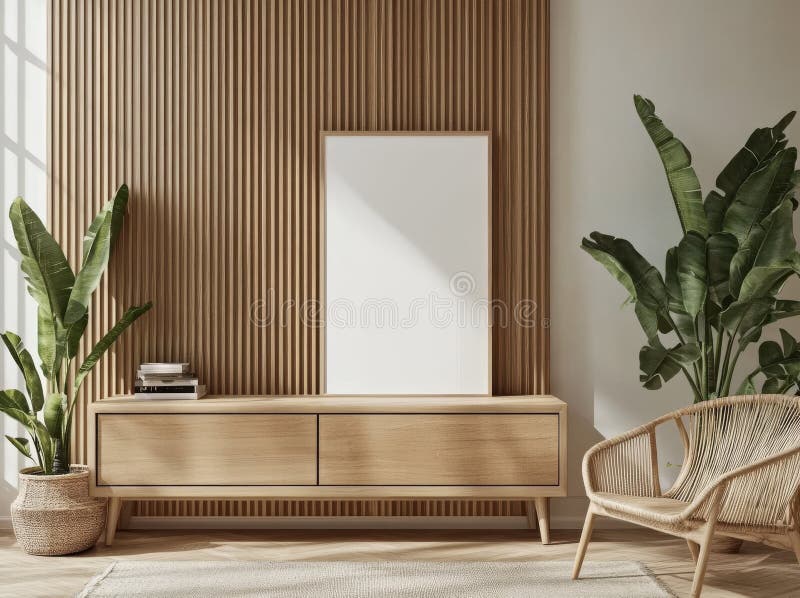 Living Room Interior in Beige with Sideboard and Dining Table, Mockup
