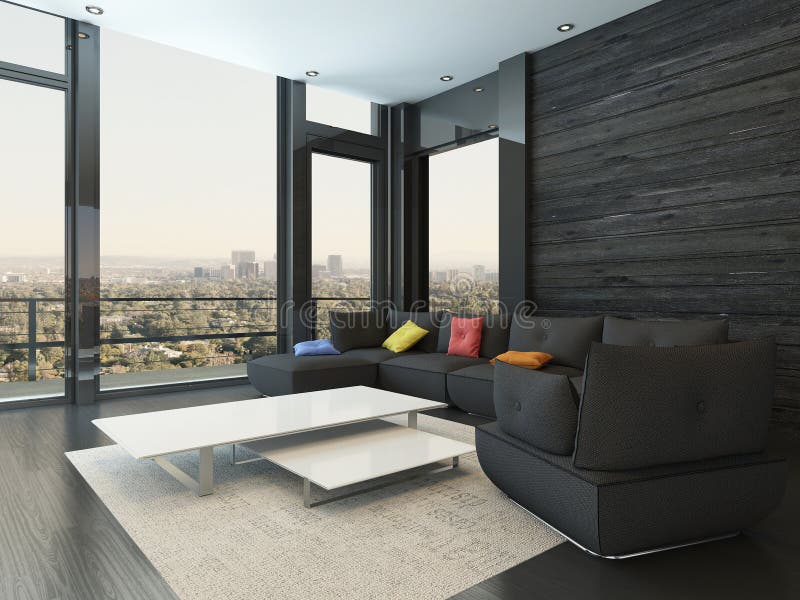 Living Room Interior with Black Couch with Colored Pillows Stock