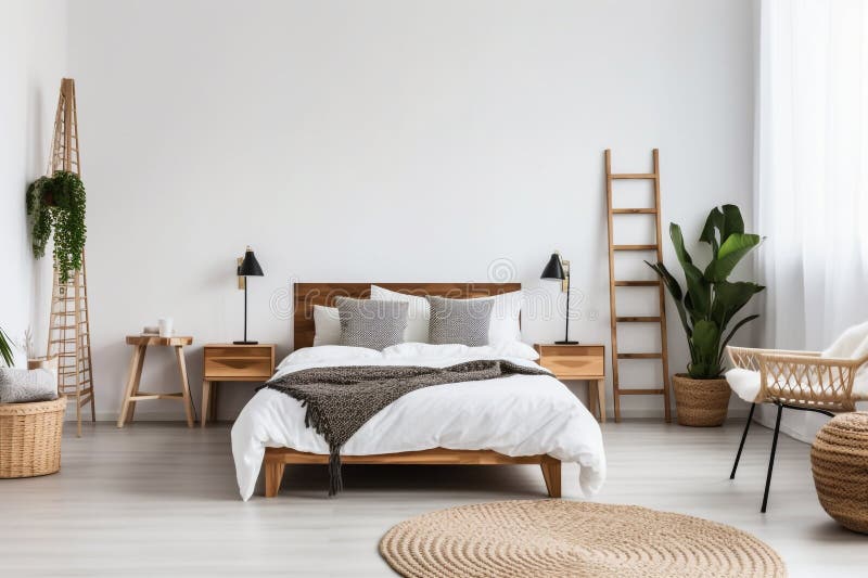 Living room interior Empty Nordic Style Bedroom with White Walls and Wooden Accents, AI Generative vector illustration