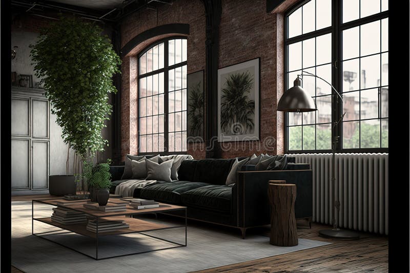 Living Room Interior in Loft, Industrial Style, 3d Render Stock