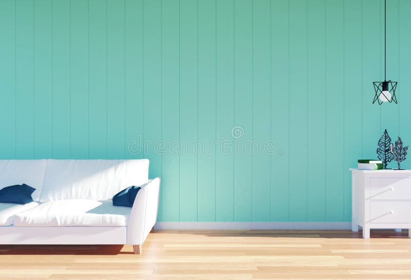 Salone interno divani in pelle bianca e verde del pannello di parete con lo spazio, il rendering 3D.