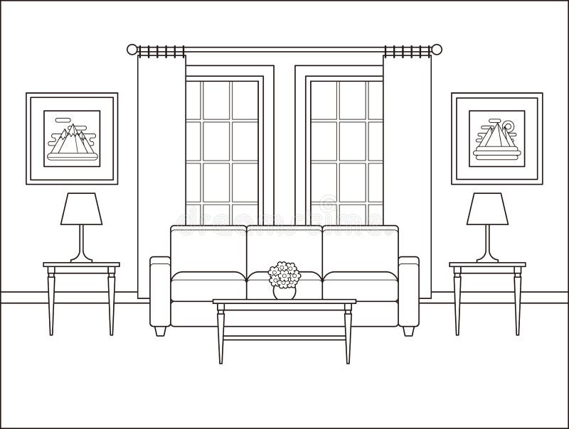 Room Interior with Window in Flat Design. Outline Vector Illustration ...