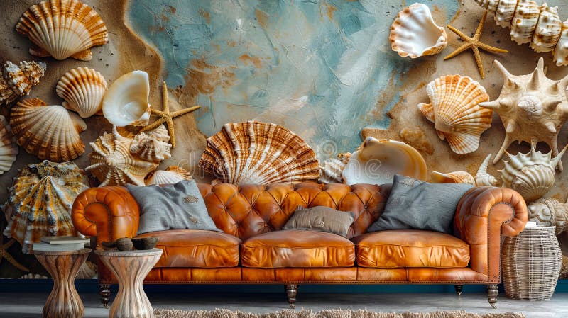 A living room with a leather couch and shells on the wall royalty free stock photo