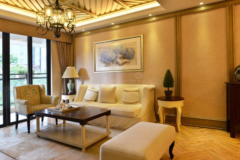 Living Room with Ornate Curtains and Furniture Stock Image Image of