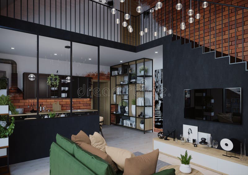 3d Render Living Room Loft Editorial Photography Image of furniture