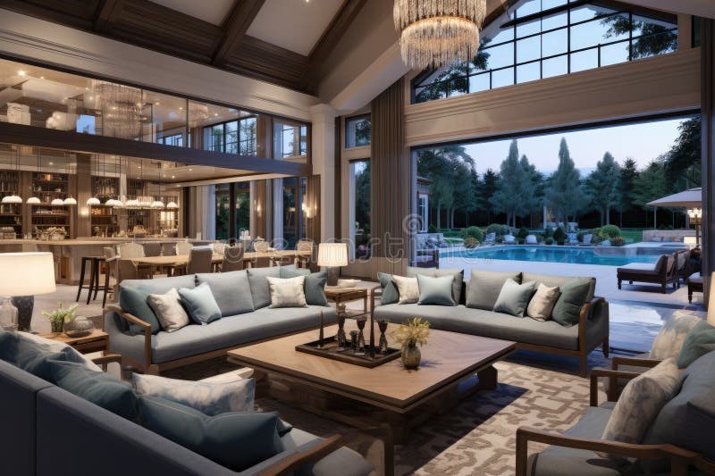 Living Room with Multiple Couches Around a Table and a Kitchen in the