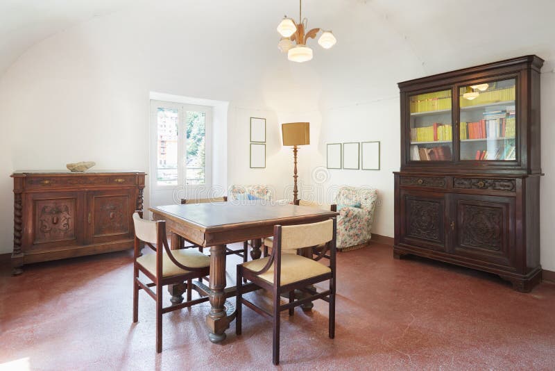 Living room, old interior with table and four chairs stock image Living room, old interior with table and four chairs stock image