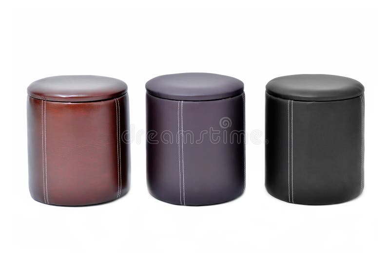 Living room stool chairs. Three leather stools of different colors, isolated on white background stock photo Living room stool chairs. Three leather stools of different colors, isolated on white background stock photo