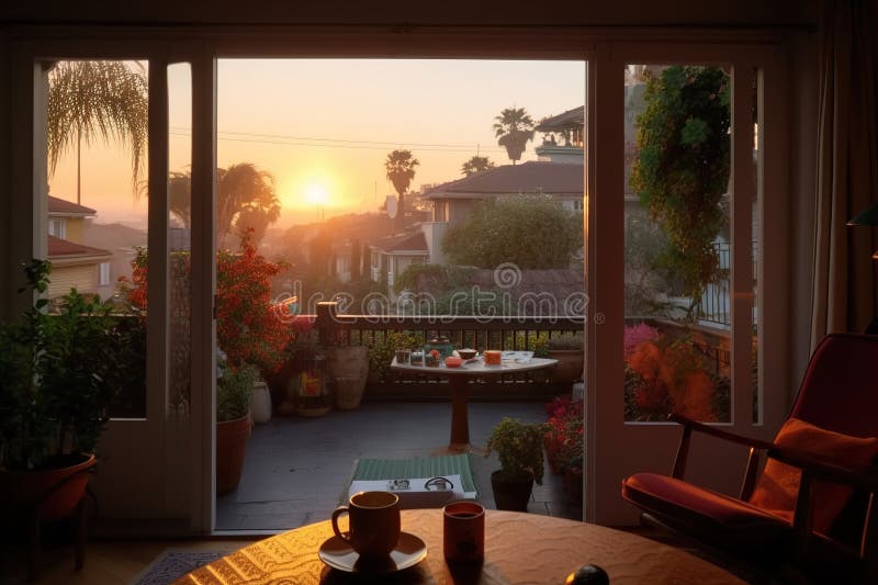 Living room at sunset. Generated by AI vector illustration