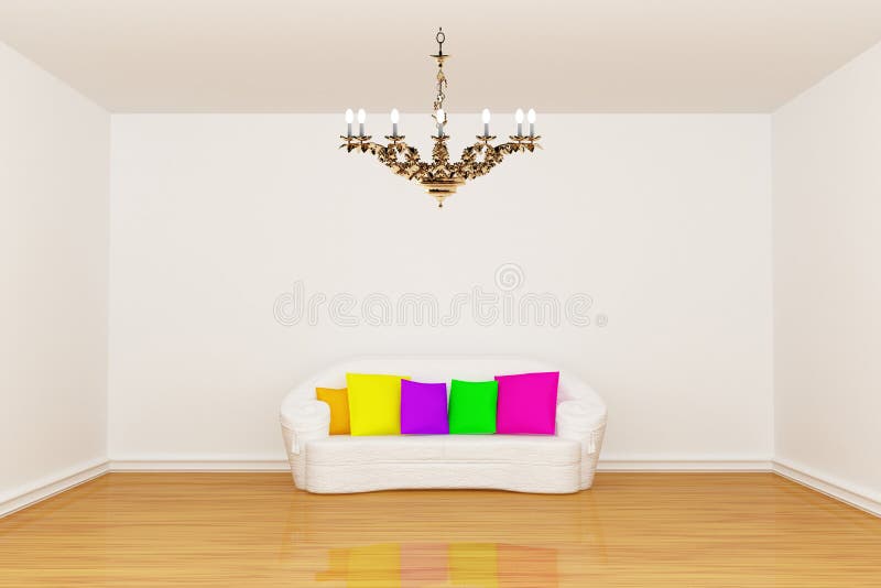 Living room with white couch and chandelier