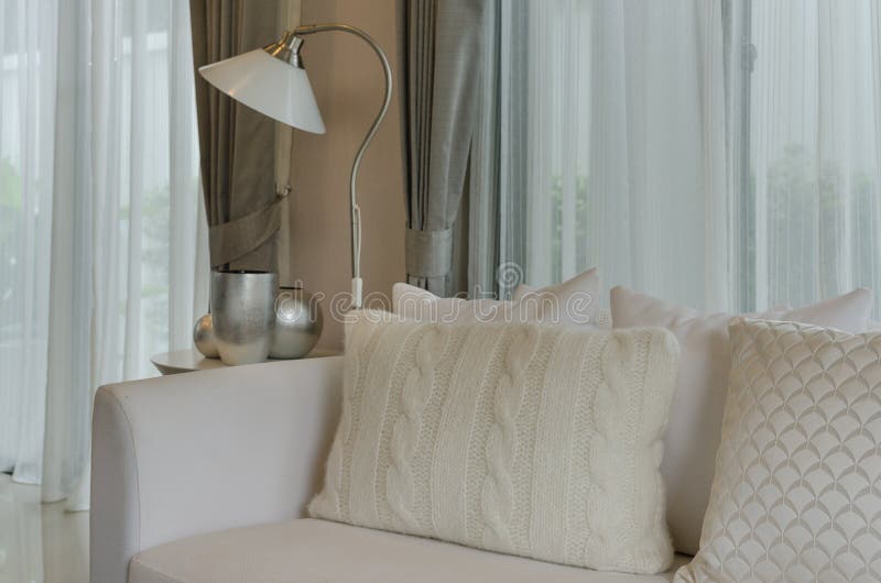 Living Room with White Pillows on White Sofa Stock Image Image of