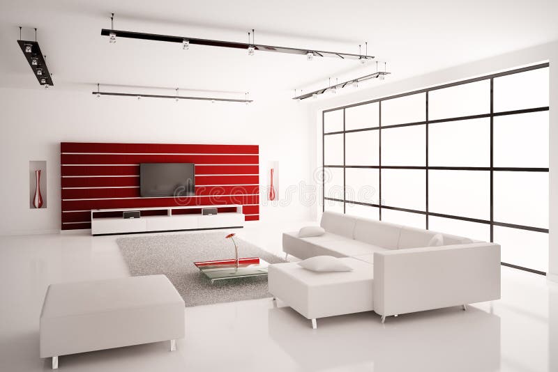 Living Room in White Red Interior 3d Stock Illustration Illustration
