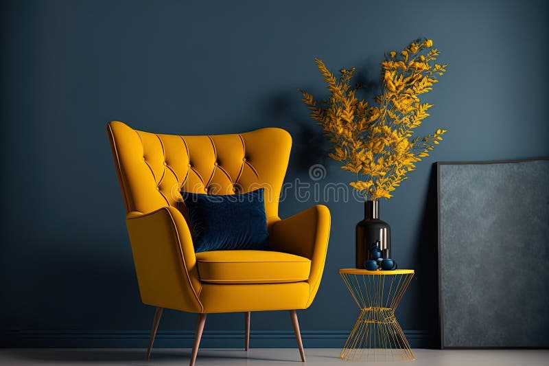 Living Room with Yellow Armchair on Empty Dark Blue Wall Background