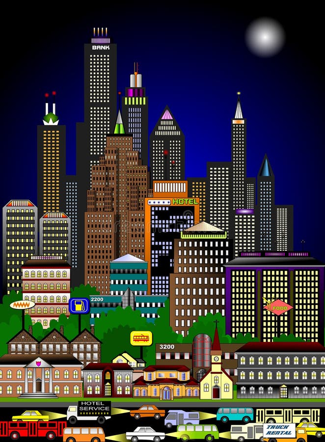 Livlig stadssilhuett på natten stock illustrationer