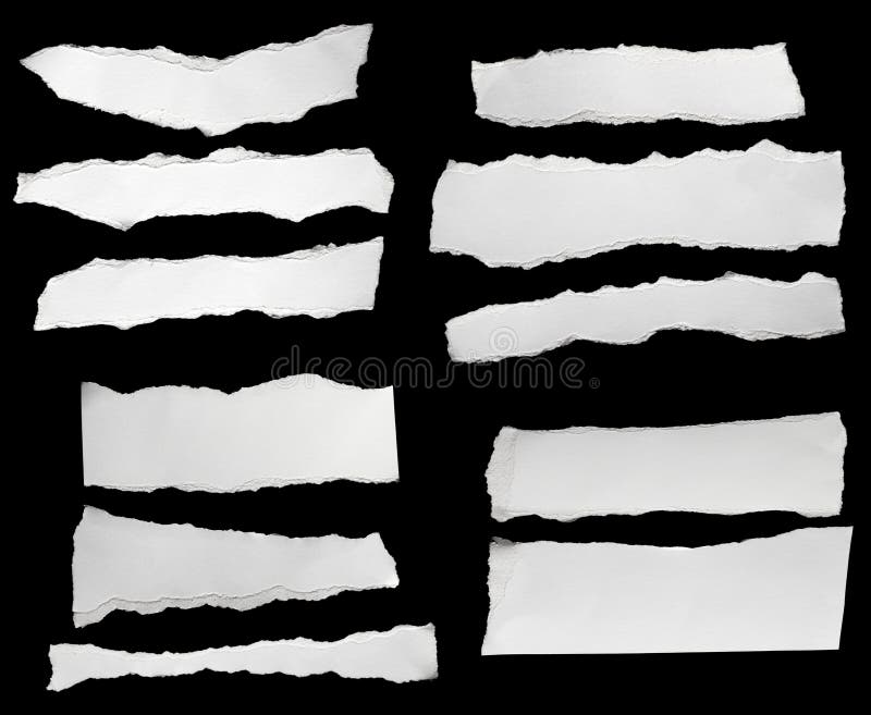 Collection of white ripped pieces of paper on black. Collection of white ripped pieces of paper on black