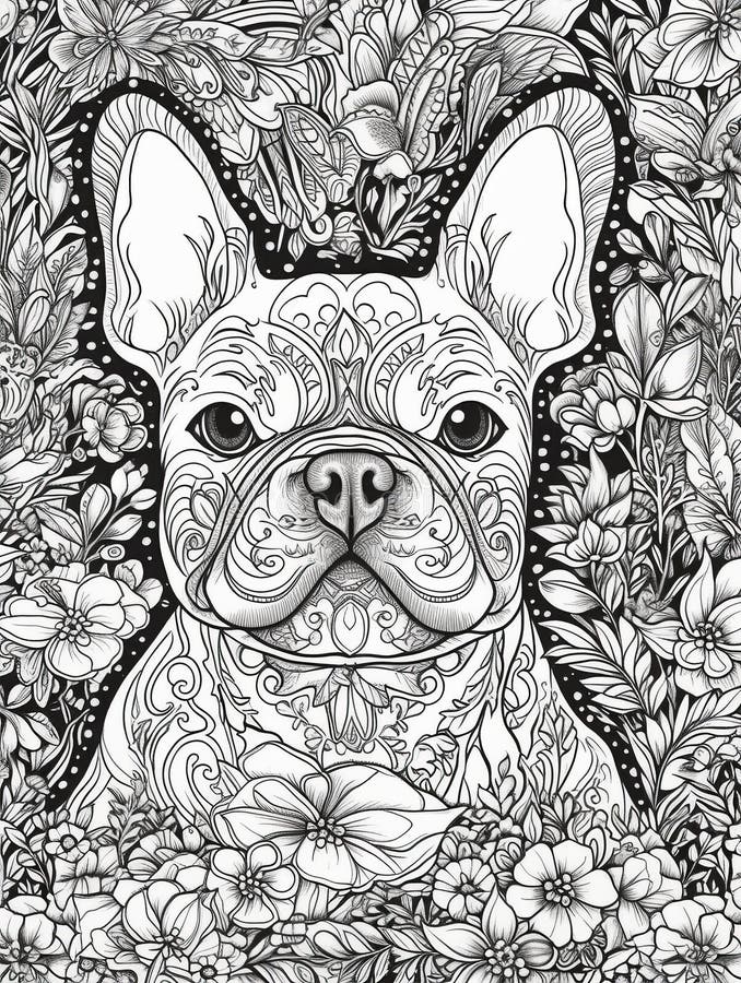 AI generated.Antistress coloring book for adults. French Bulldog terrier in the flower field. High quality photo. AI generated.Antistress coloring book for adults. French Bulldog terrier in the flower field. High quality photo