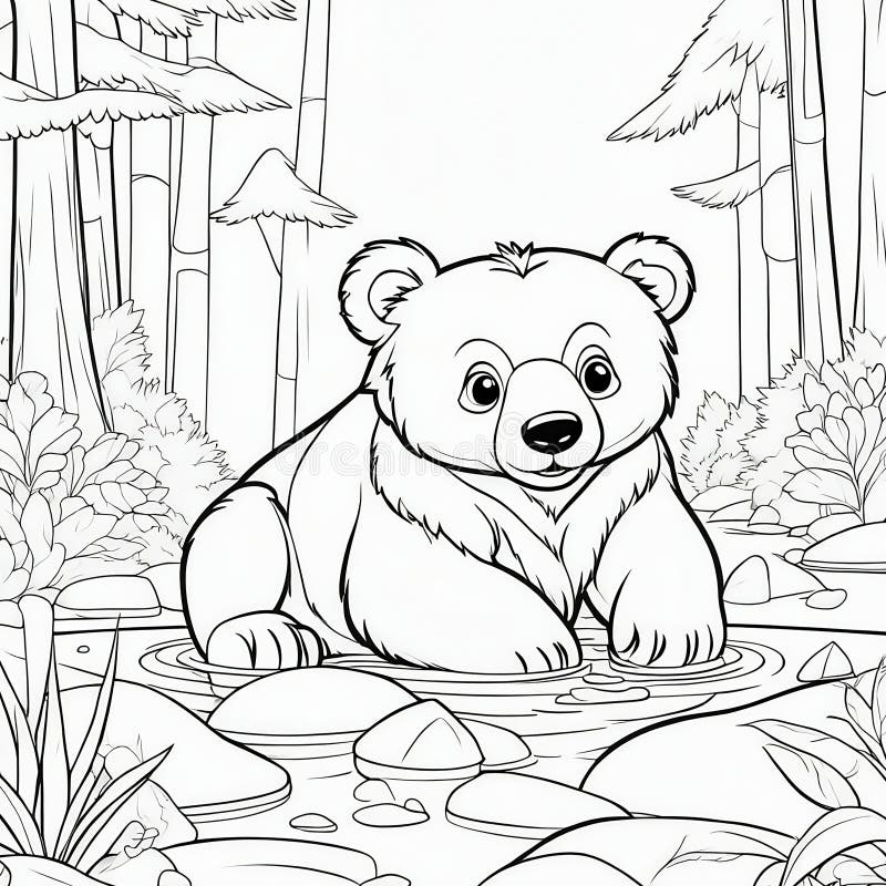 Discover a charming black and white illustration of a playful bear in a coloring book for kids. AI generated. Discover a charming black and white illustration of a playful bear in a coloring book for kids. AI generated