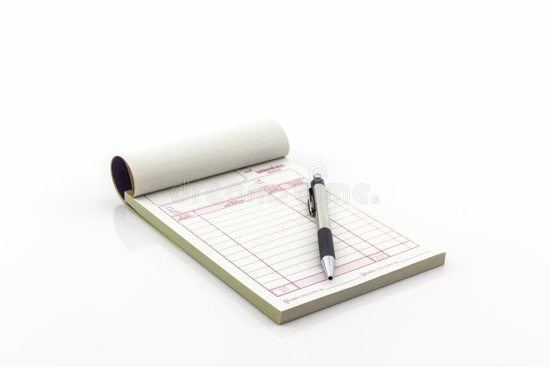 Invoice book which open blank page with pen on white background. Invoice book which open blank page with pen on white background.