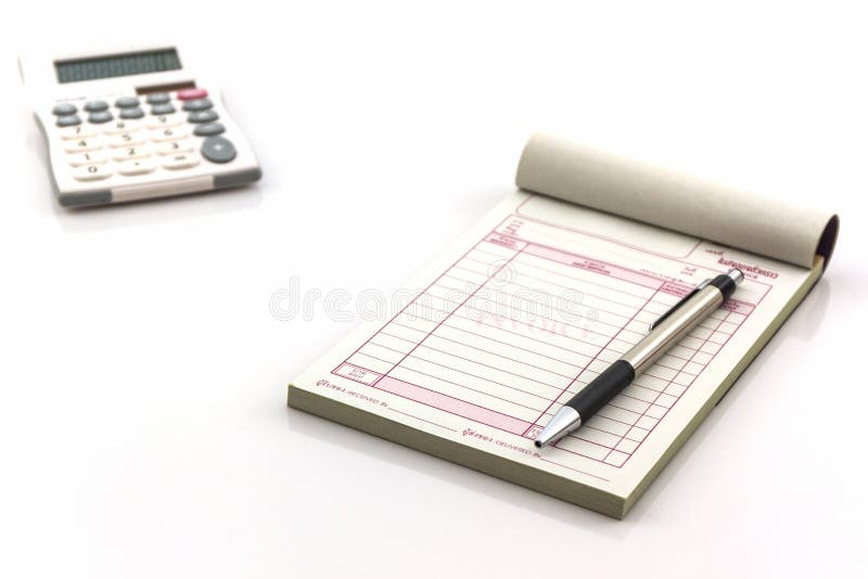 Invoice book which open blank page with pen and calculator on white background. Invoice book which open blank page with pen and calculator on white background.