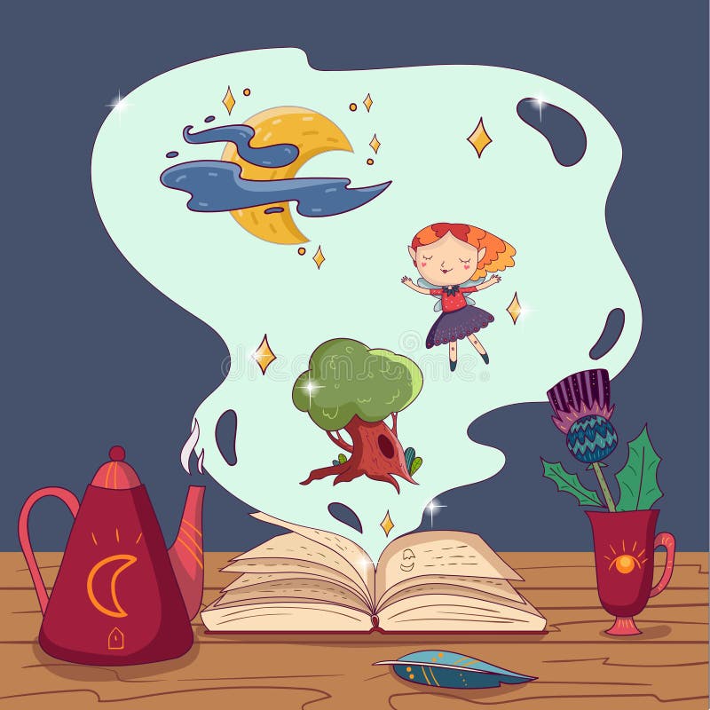 Livre de vecteur tiré par la main, théière, stylo de cannette et tasse magiques avec la fleur sur la table en bois Fille, chêne e illustration stock Livre de vecteur tiré par la main, théière, stylo de cannette et tasse magiques avec la fleur sur la table en bois Fille, chêne e illustration stock