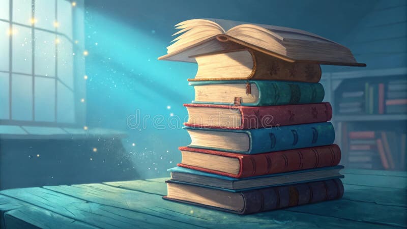 Livre ouvert sur la pile de livres dans la bibliothèque magique. Open book repose sur une pile de livres colorés sur une table en bois dans une bibliothèque éclairée par une douce lumière magique filtrant par une fenêtre créant une atmosphère enchanteresse ai généré