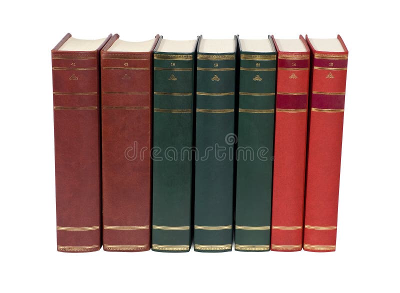 Books with red, brown and green covers isolated on white background. Books with red, brown and green covers isolated on white background