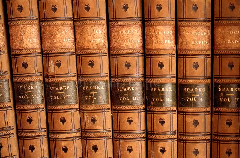 Photo of set of 19th-century leather bound books. Photo of set of 19th-century leather bound books.