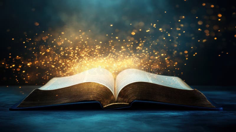 Livro aberto encantado que emite partículas mágicas de ouro sobre fundo escuro fotografia de stock