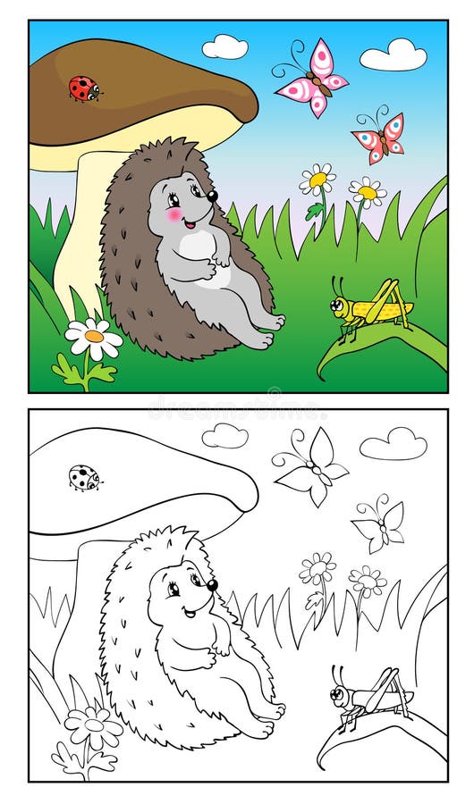 Livro de coloração Ilustração do ouriço e do inseto para crianças ilustração stock Livro de coloração Ilustração do ouriço e do inseto para crianças ilustração stock