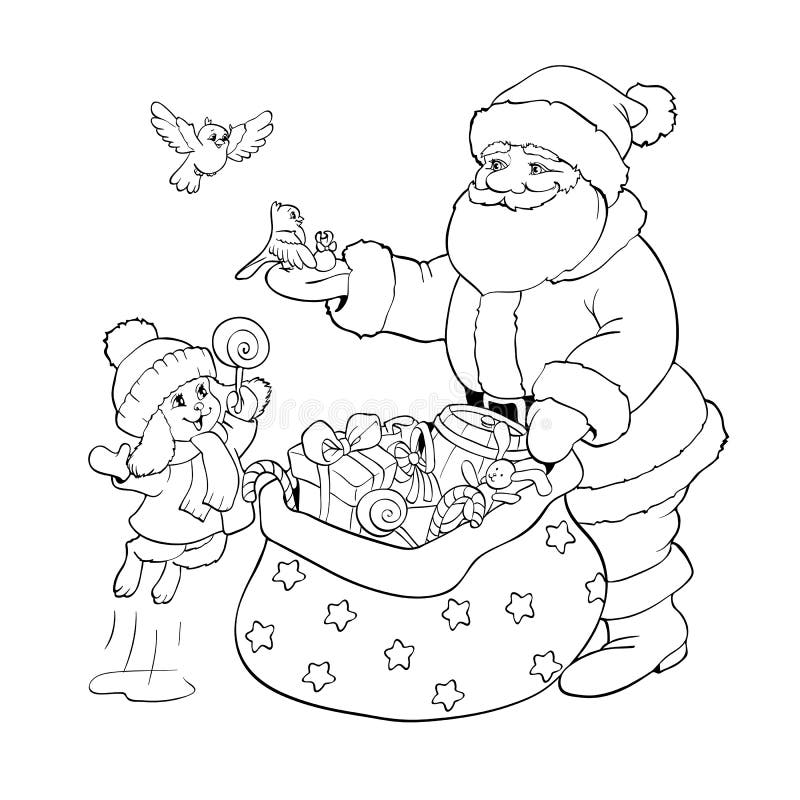 Livro de coloração Santa Claus, coelho e pássaros com presentes do Natal ilustração do vetor Livro de coloração Santa Claus, coelho e pássaros com presentes do Natal ilustração do vetor