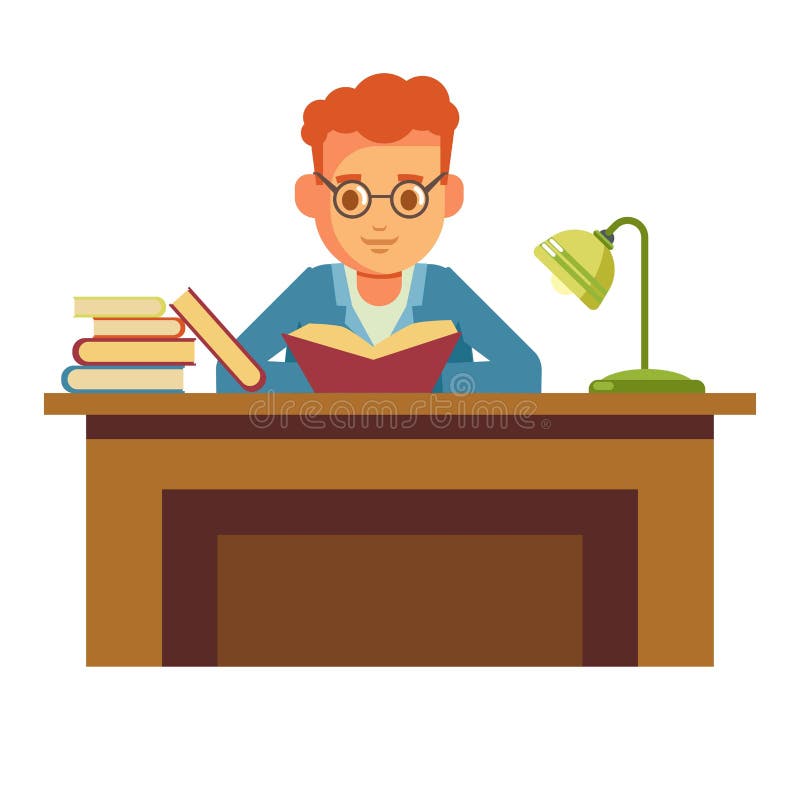 Livro de leitura do menino do estudante na biblioteca que senta-se na tabela no ícone liso do vetor da livraria ilustração do vetor Livro de leitura do menino do estudante na biblioteca que senta-se na tabela no ícone liso do vetor da livraria ilustração do vetor