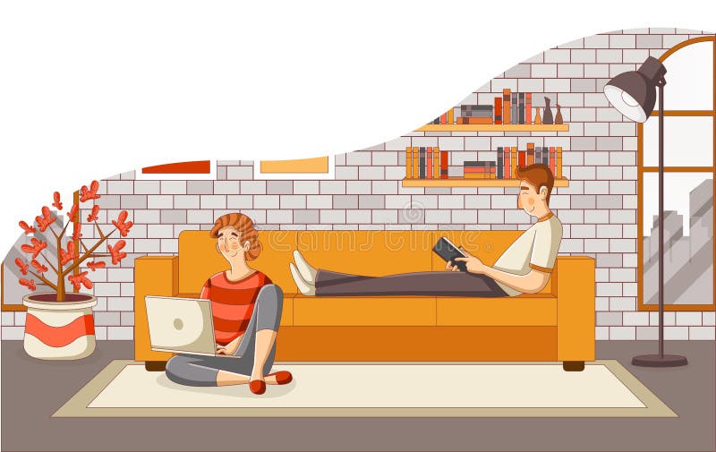 Livro de leitura dos pares e portátil novos da utilização no sofá na sala de visitas ilustração do vetor Livro de leitura dos pares e portátil novos da utilização no sofá na sala de visitas ilustração do vetor