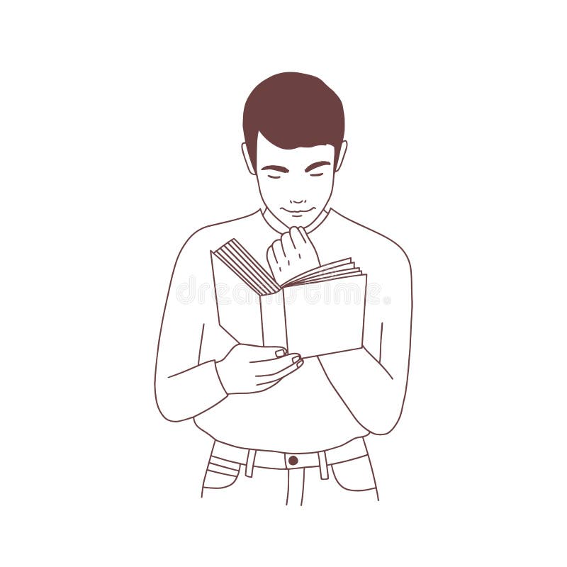 Livro de leitura pensativo bonito do homem novo ou preparação para o exame Retrato da mão do leitor do estudante masculino ou da ilustração do vetor Livro de leitura pensativo bonito do homem novo ou preparação para o exame Retrato da mão do leitor do estudante masculino ou da ilustração do vetor
