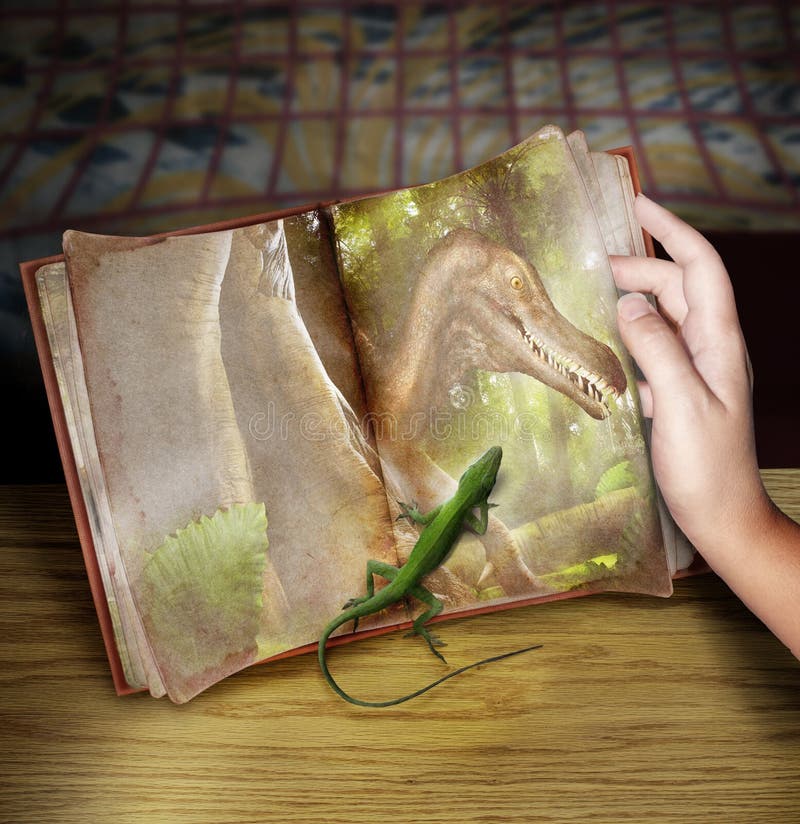 A small lizard crawls onto the page of a picture in a book of an extinct large dinosaur. Concept for evolution. A small lizard crawls onto the page of a picture in a book of an extinct large dinosaur. Concept for evolution.