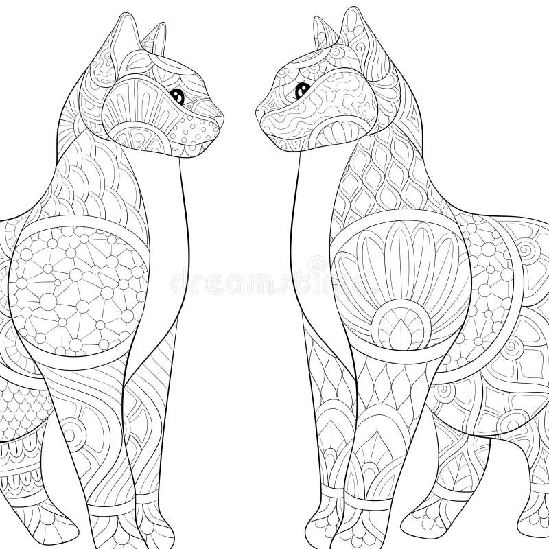 Livro para colorir adulto, gatos bonitos da página dois com imagem dos ornamento para relaxar Ilustra??o do estilo da arte do zen ilustração royalty free Livro para colorir adulto, gatos bonitos da página dois com imagem dos ornamento para relaxar Ilustra??o do estilo da arte do zen ilustração royalty free