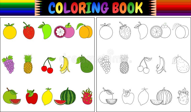 Livro para colorir com desenhos animados dos frutos frescos ilustração royalty free Livro para colorir com desenhos animados dos frutos frescos ilustração royalty free