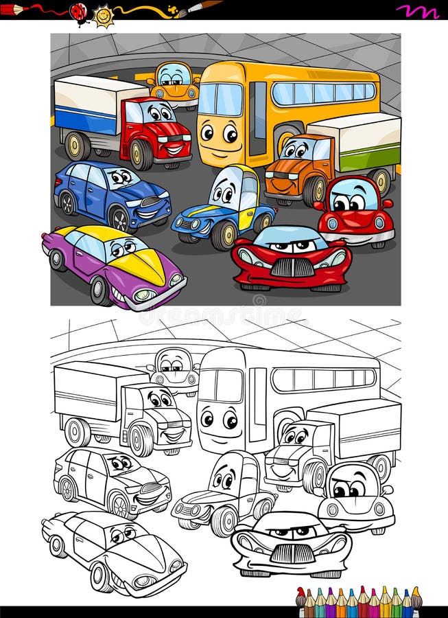 Livro Para Colorir Dos Desenhos Animados Das Crianças Para Meninos Vector a  Ilustração De Uma Garagem Com Carros Vivos Ilustração do Vetor - Ilustração  de arte, linha: 95068683