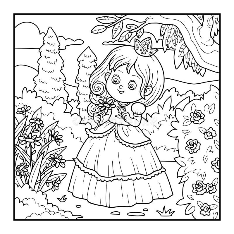 Desenho de uma linda princesa no jardim para colorir