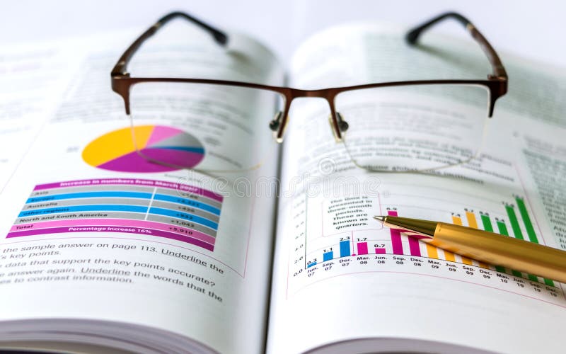 Image of a book with colorful pie and bar charts and table, a golden pen and eyeglasses for education, business analysis reports, bookkeeping, accounting income and expense reports illustrations. Image of a book with colorful pie and bar charts and table, a golden pen and eyeglasses for education, business analysis reports, bookkeeping, accounting income and expense reports illustrations.