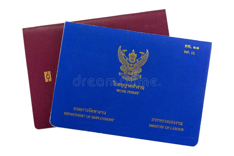 Livro tailandês azul da autorização de trabalho no passaporte eletrônico isolado no wh imagem de stock Livro tailandês azul da autorização de trabalho no passaporte eletrônico isolado no wh imagem de stock