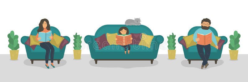 Livros de leitura da família Livros de leitura da mãe, do pai e da filha no sofá ilustração do vetor Livros de leitura da família Livros de leitura da mãe, do pai e da filha no sofá ilustração do vetor