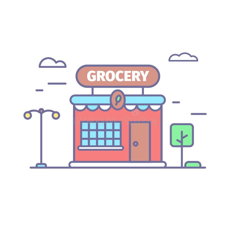 Livsmedelsbutiklinje symbol i moderiktiga färger Litet gulligt shoppar framdelen stock illustrationer Livsmedelsbutiklinje symbol i moderiktiga färger Litet gulligt shoppar framdelen stock illustrationer